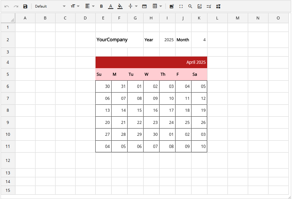 Calendar with Jspreadsheet