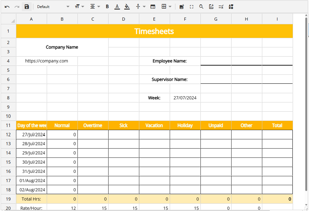 Timesheet with Jspreadsheet